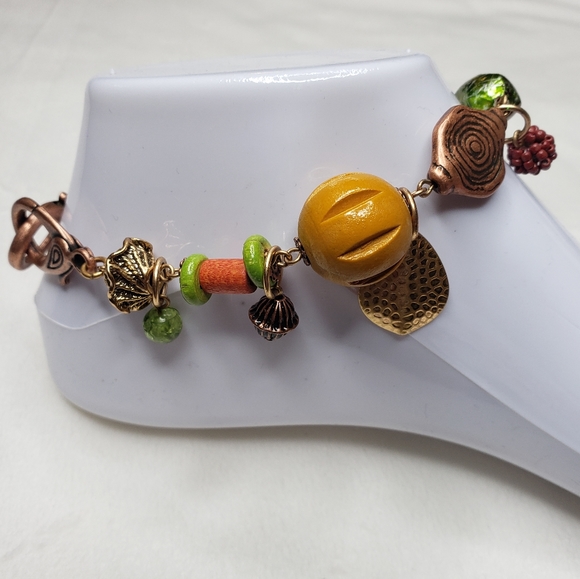 Chico's Anklet / Bracelet 11" Beaded Metal Charms Copper Yellow Green NWT - Picture 7 of 13
